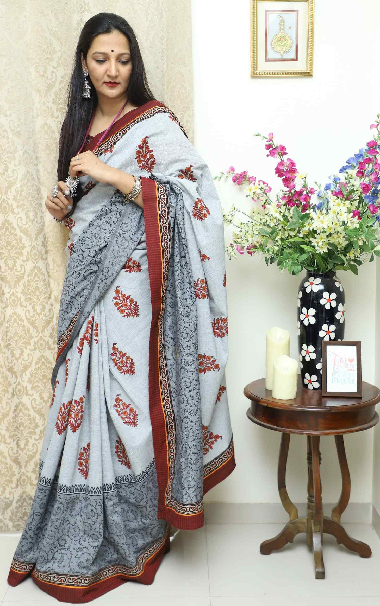 Kaju katli - Ajrakh hand block printed Dola Silk zari border Saree