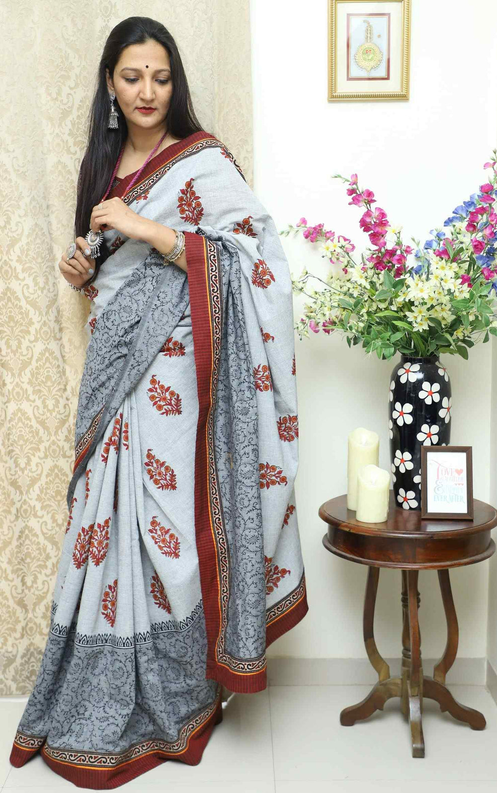 Buy Ash Grey Saree with Handblock Print | Godhuli
