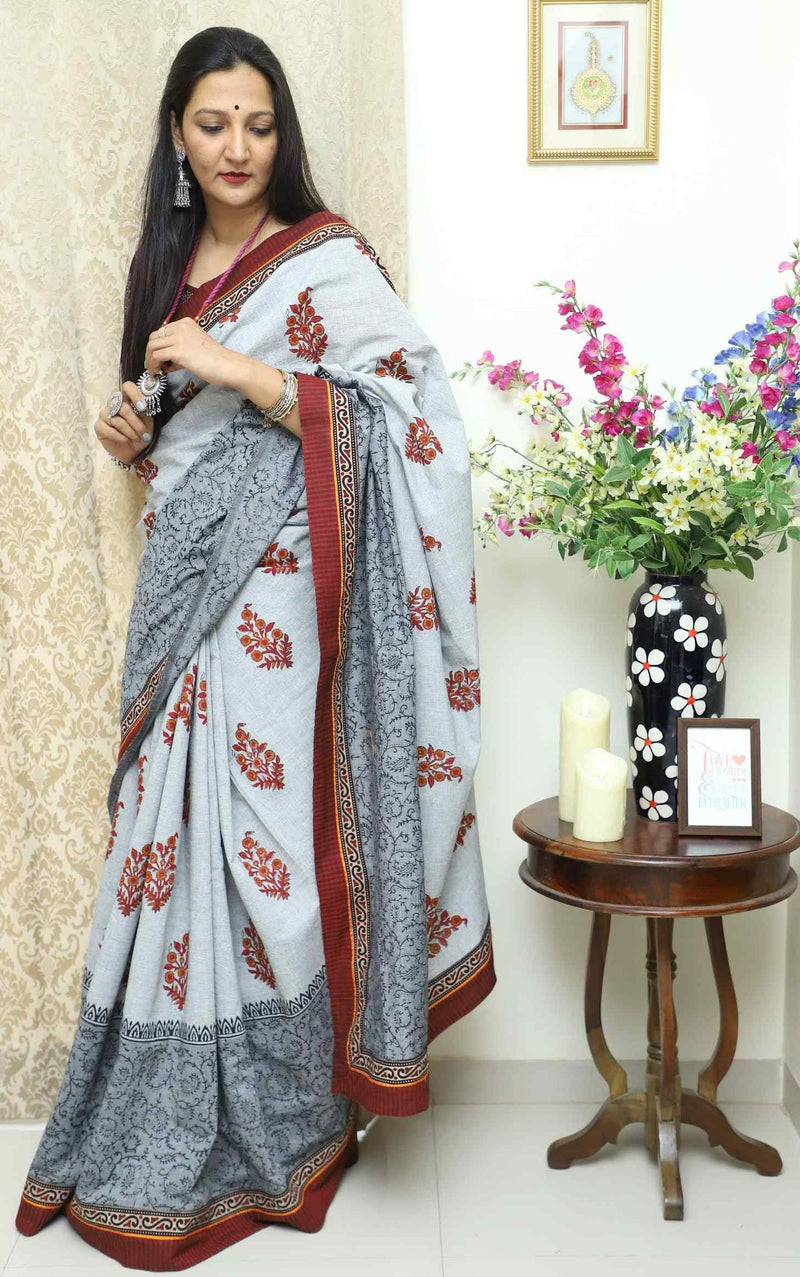 Buy Ash Grey Saree with Handblock Print | Godhuli