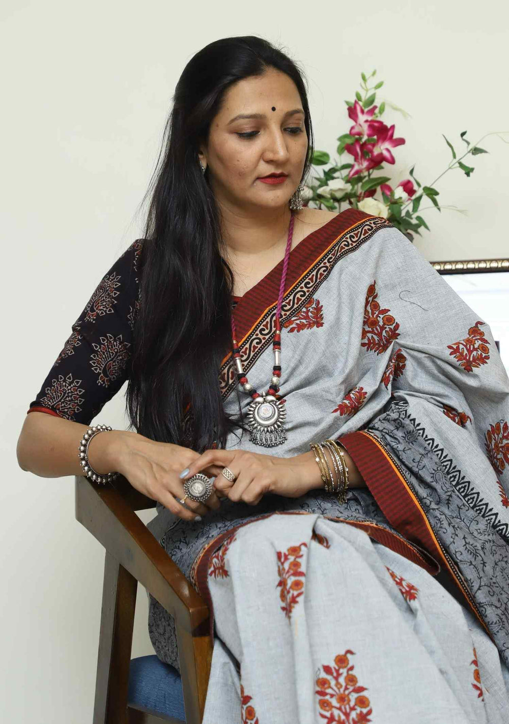 Buy Ash Grey Saree with Handblock Print | Godhuli