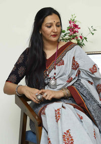 Buy Ash Grey Saree with Handblock Print | Godhuli