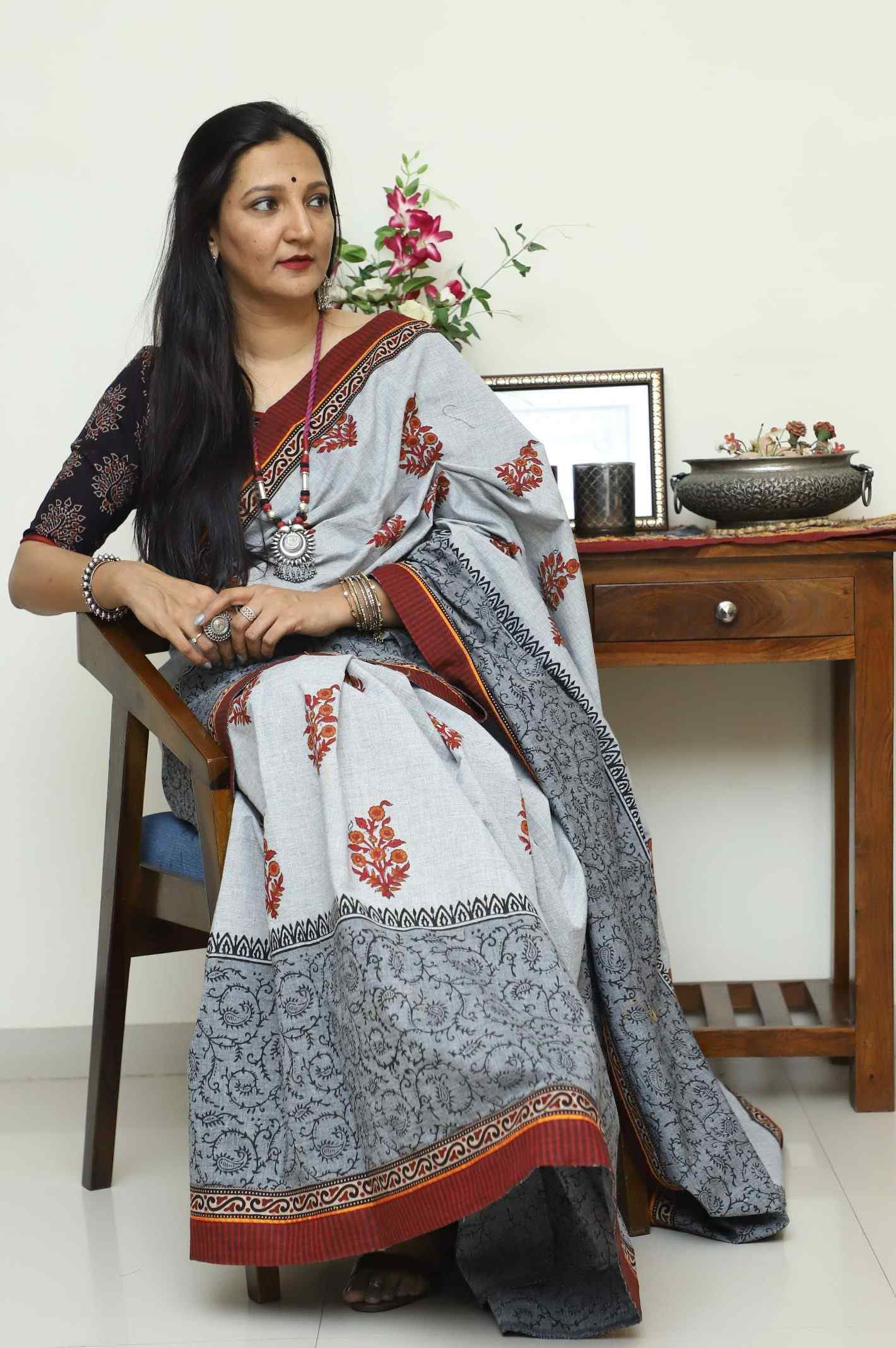 Ash Grey Saree with Handblock Print