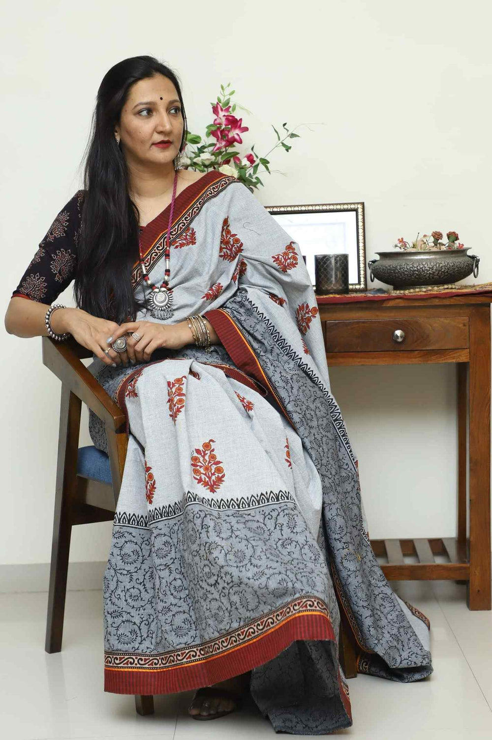 Buy Ash Grey Saree with Handblock Print | Godhuli