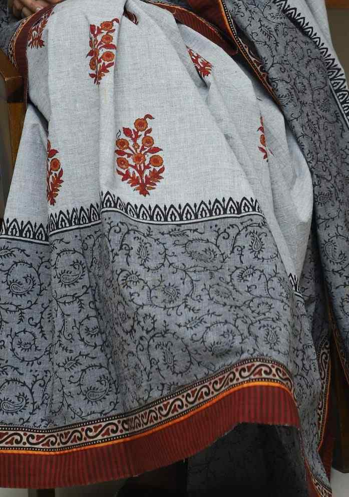 Buy Ash Grey Saree with Handblock Print | Godhuli