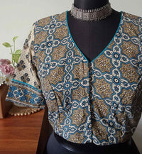 Beige Ajrakh Mughal Print Cotton Readymade Blouse | Godhuli