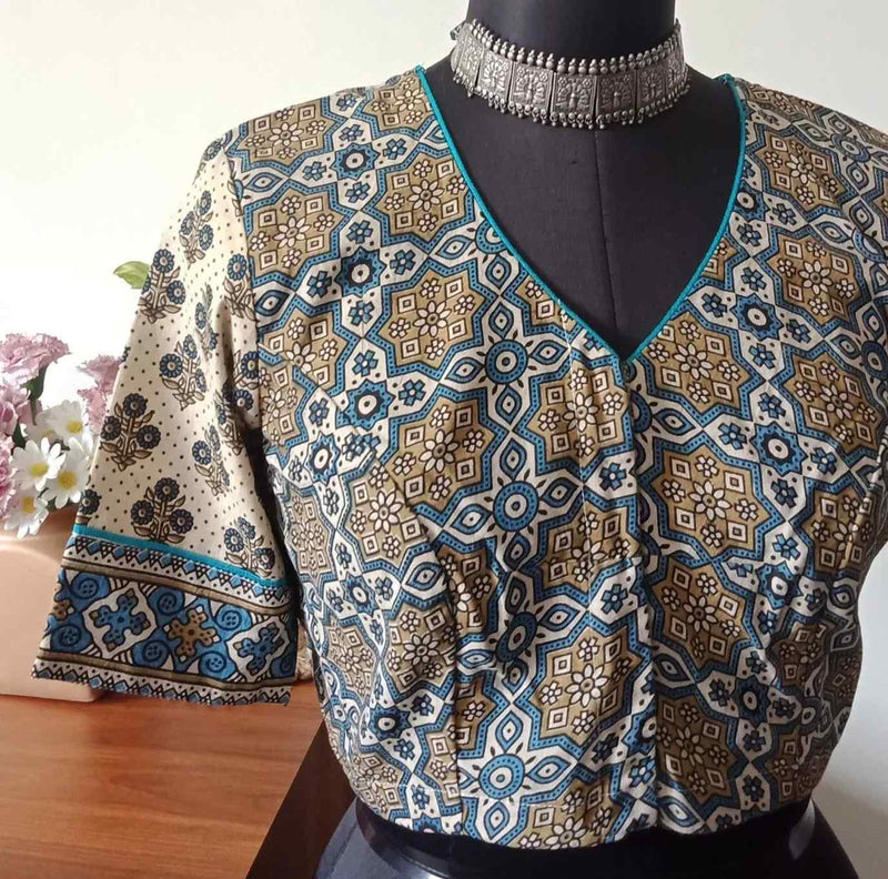 Beige Ajrakh Mughal Print Cotton Readymade Blouse | Godhuli