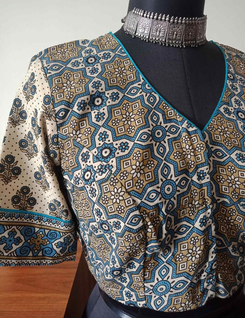 Beige Ajrakh Mughal Print Cotton Readymade Blouse | Godhuli