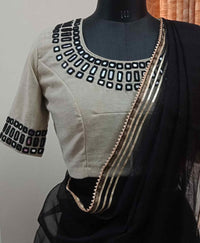 Beige Readymade Blouse with Black Handcrafted Mirrorwork | Godhuli