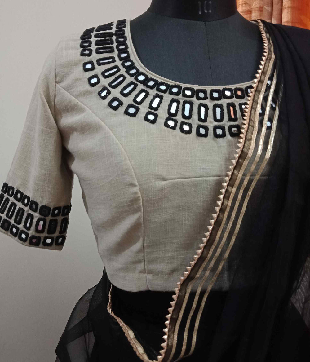 Beige Readymade Blouse with Black Handcrafted Mirrorwork | Godhuli