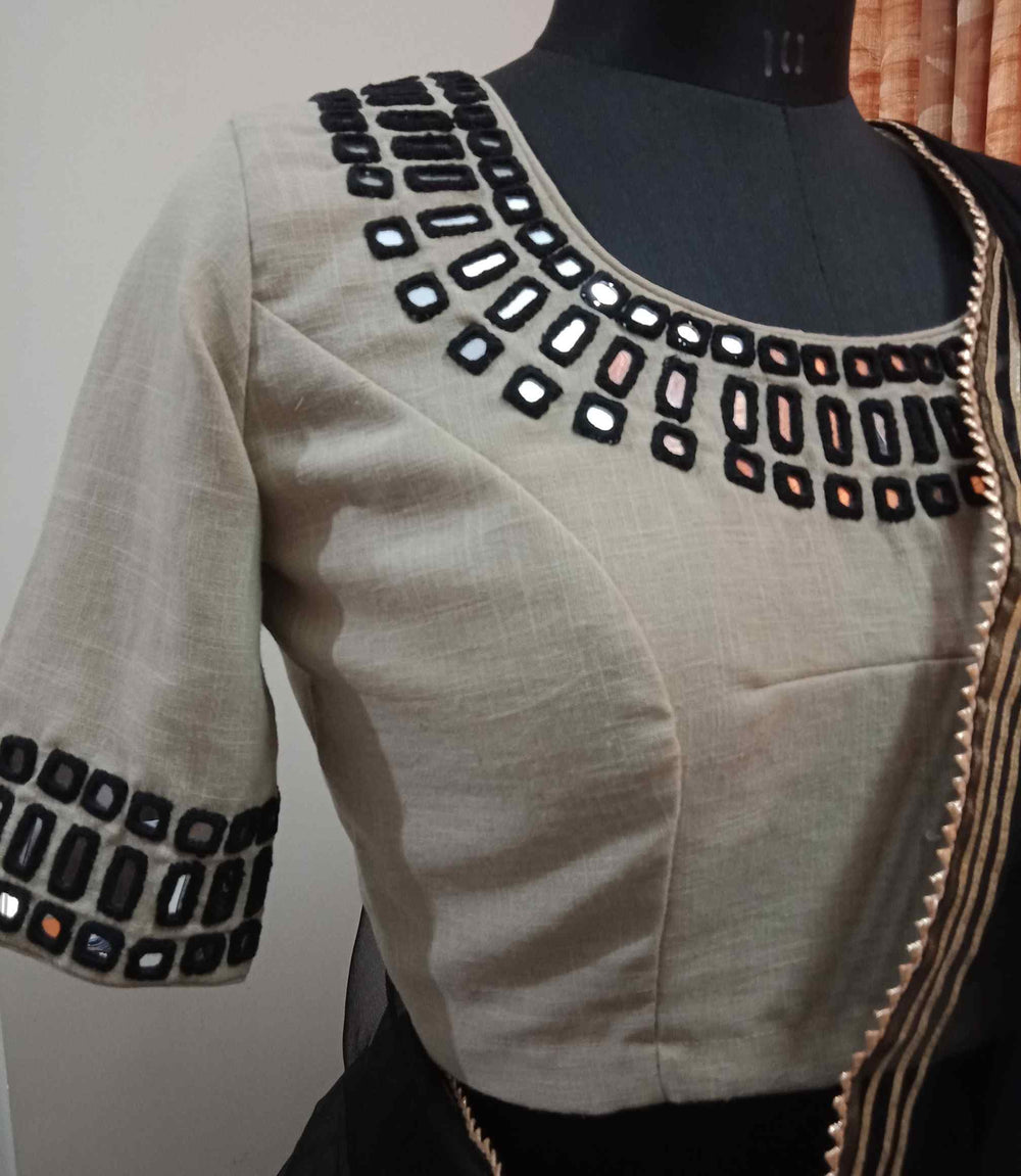 Beige Readymade Blouse with Black Handcrafted Mirrorwork | Godhuli