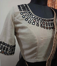 Beige Readymade Blouse with Black Handcrafted Mirrorwork | Godhuli
