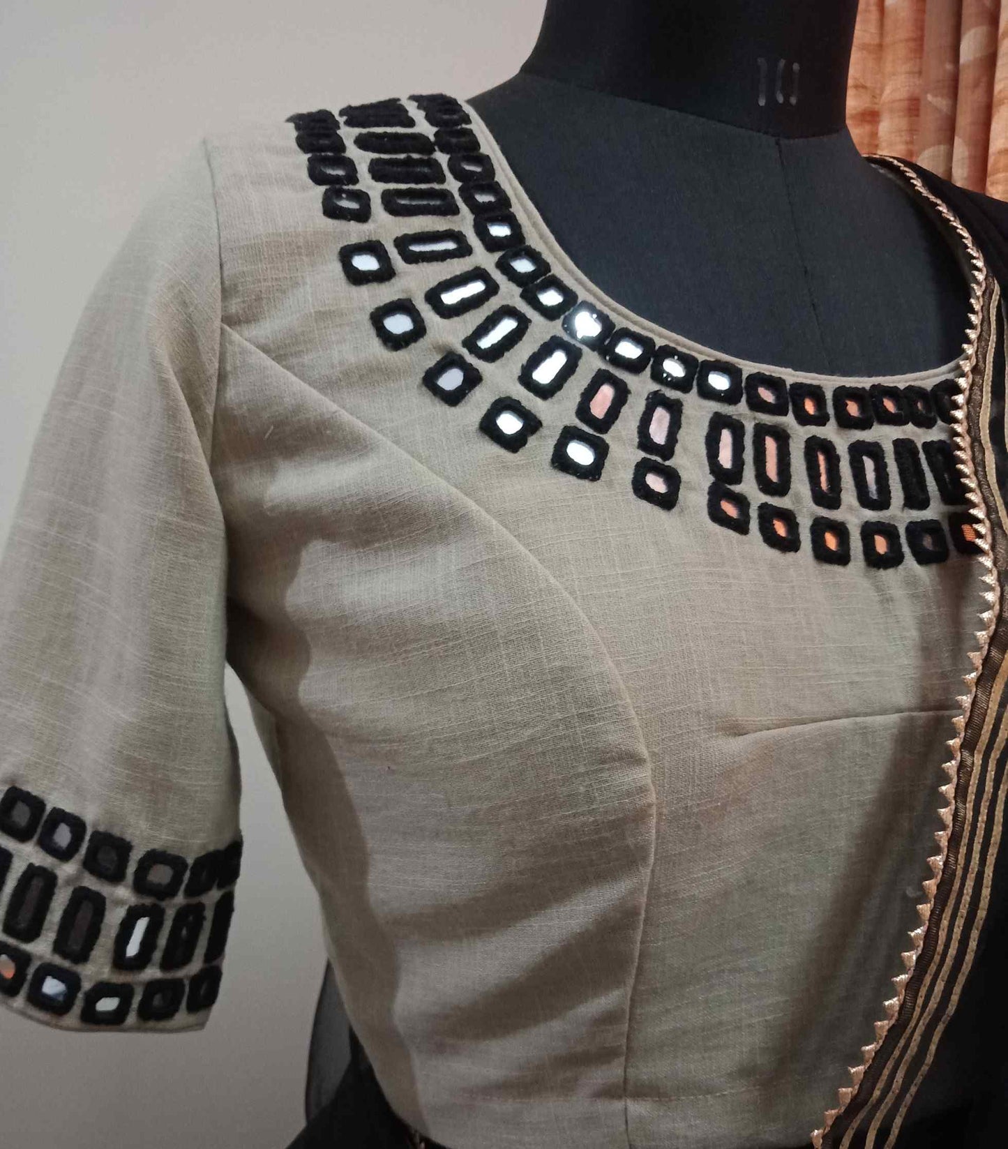 Beige Blouse with Black Handcrafted Mirrorwork