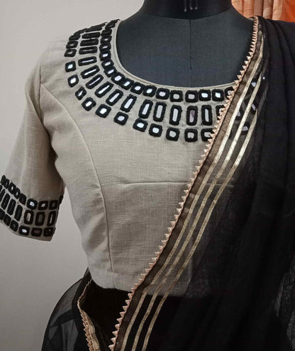 Beige Blouse with Black Handcrafted Mirrorwork