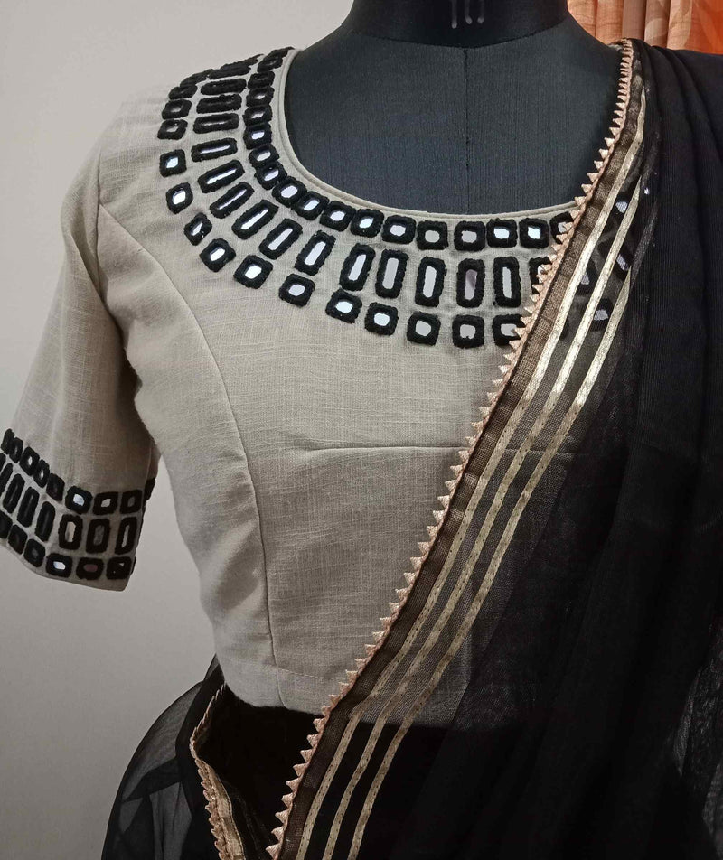 Beige Readymade Blouse with Black Handcrafted Mirrorwork | Godhuli