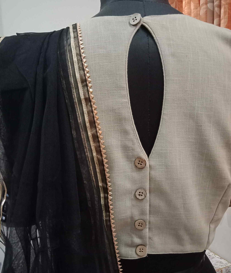 Beige Readymade Blouse with Black Handcrafted Mirrorwork | Godhuli