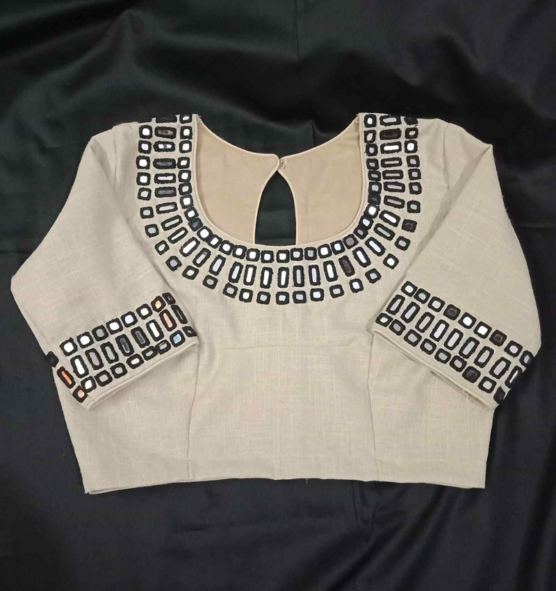 Beige Readymade Blouse with Black Handcrafted Mirrorwork | Godhuli