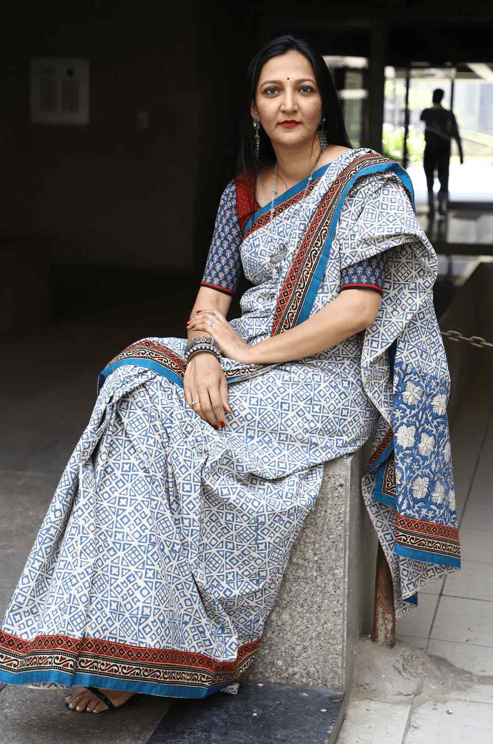 Beige Blue Bagru Saree with Patchwork