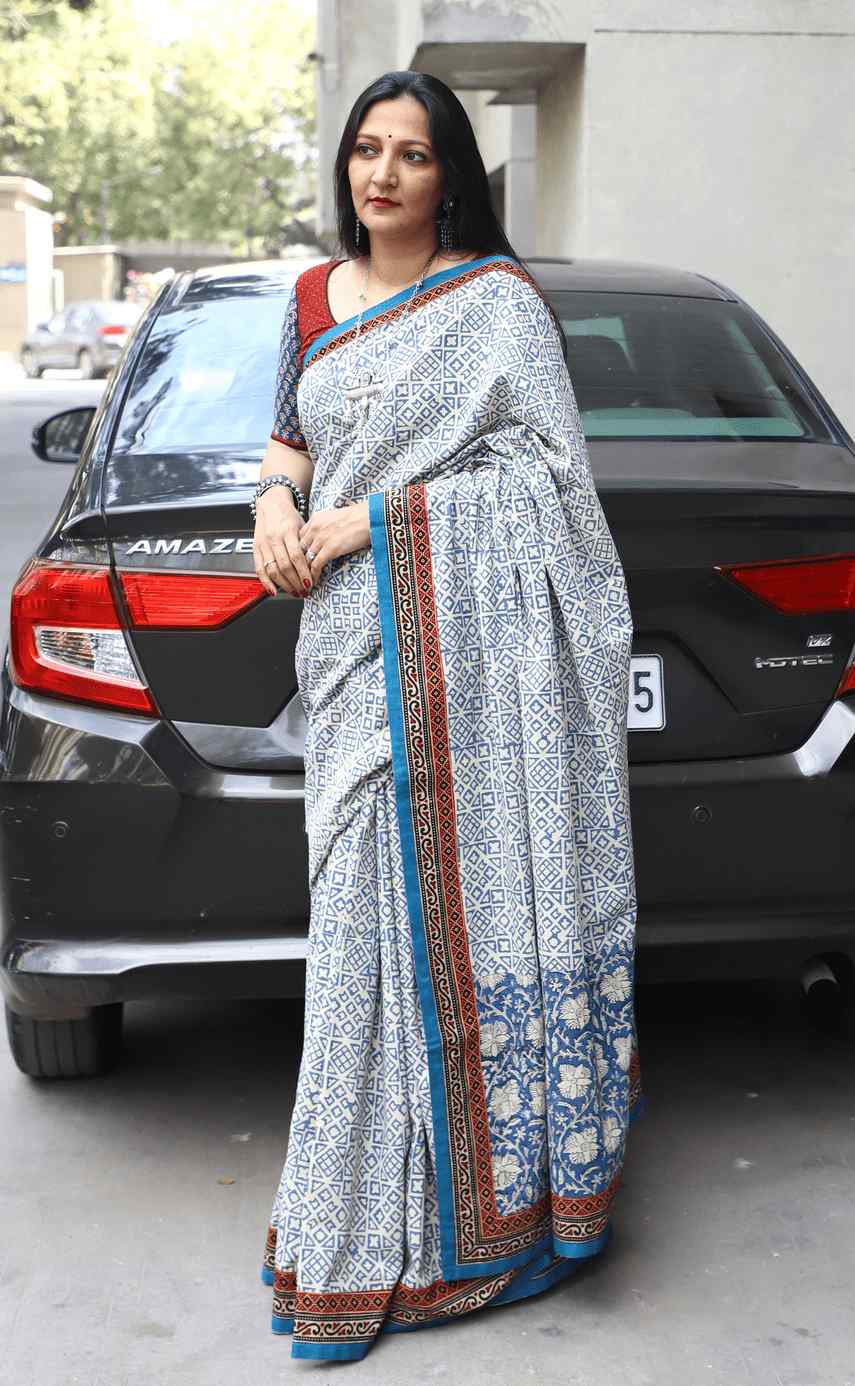 Beige Blue Bagru Saree with Patchwork