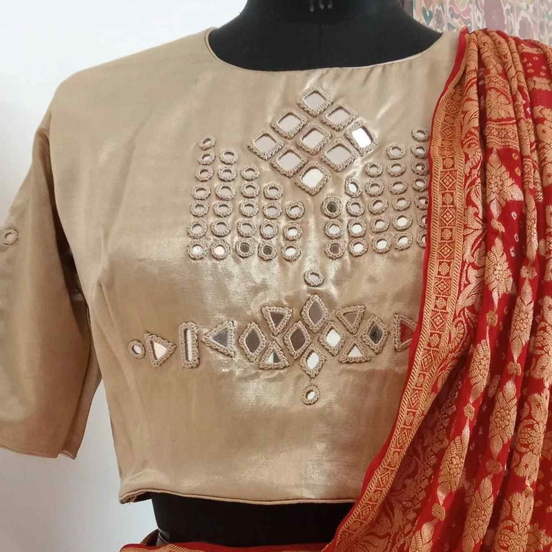 Beige Gaji Silk Mirror Work Readymade Blouse | Godhuli