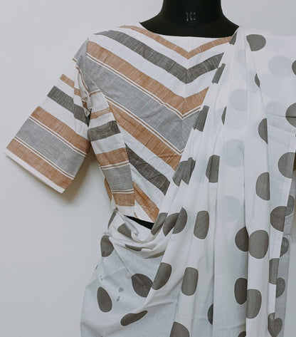 Big Polka Dot Off-White Saree-Stripes Blouse Combo