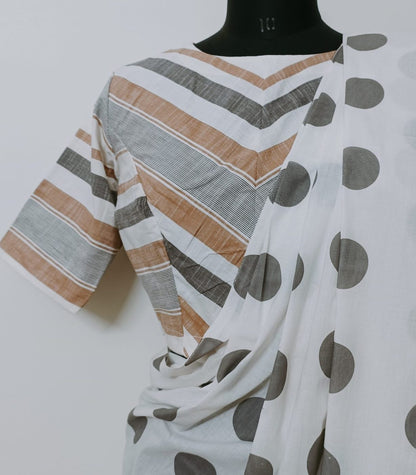 Big Polka Dot Off-White Saree-Stripes Blouse Combo