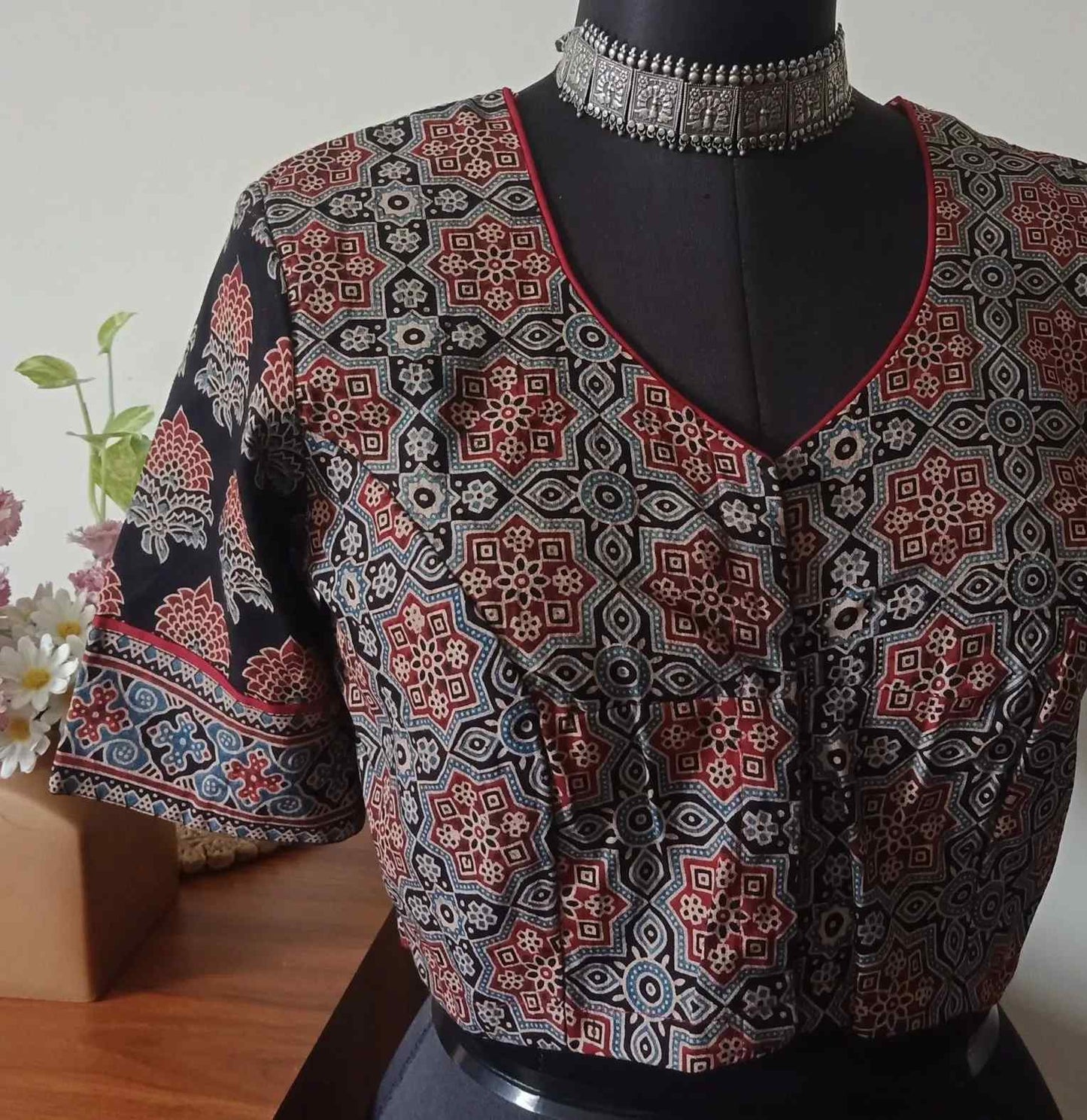 Black Ajrakh Mughal Print Cotton Blouse