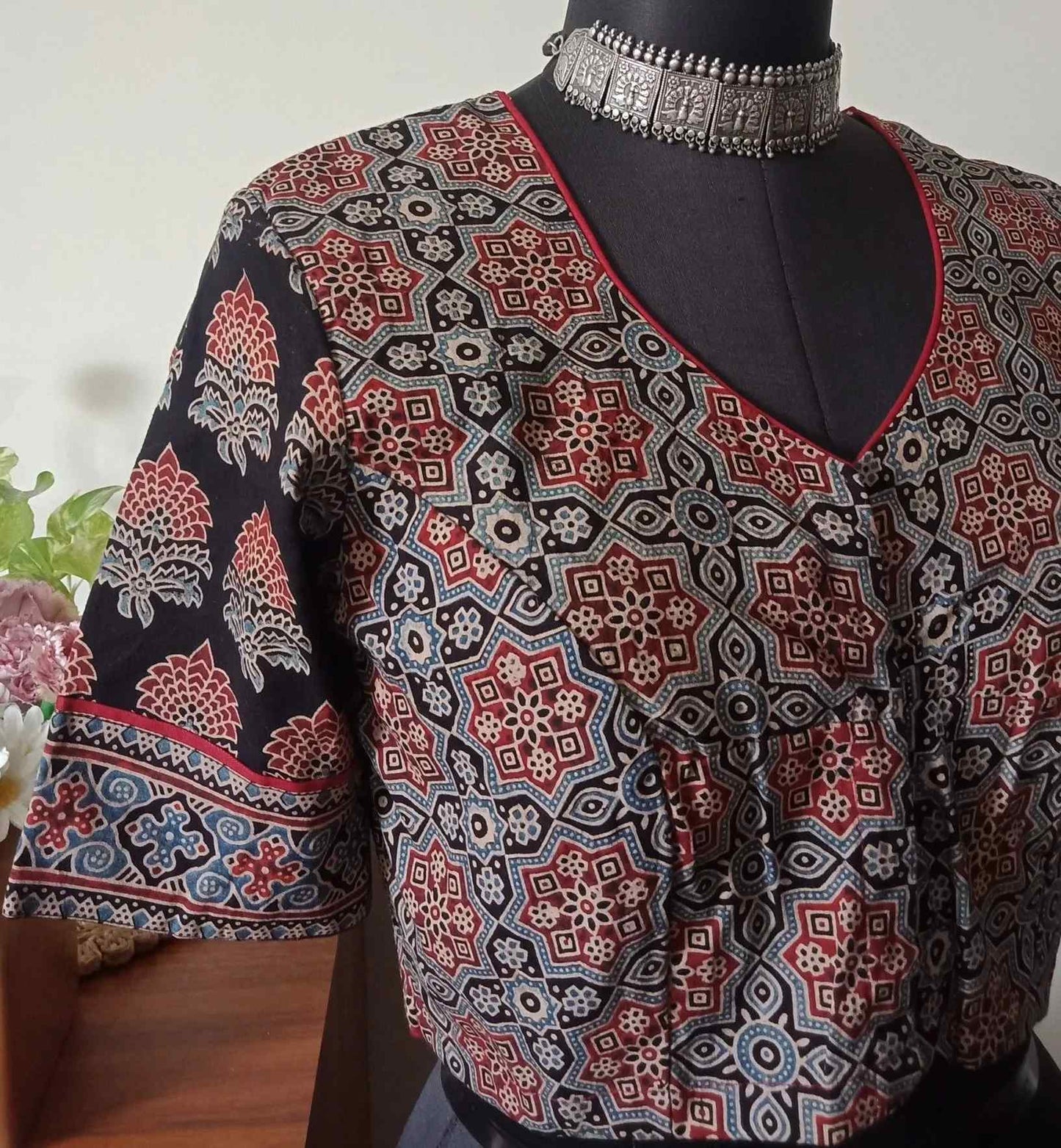 Black Ajrakh Mughal Print Cotton Blouse