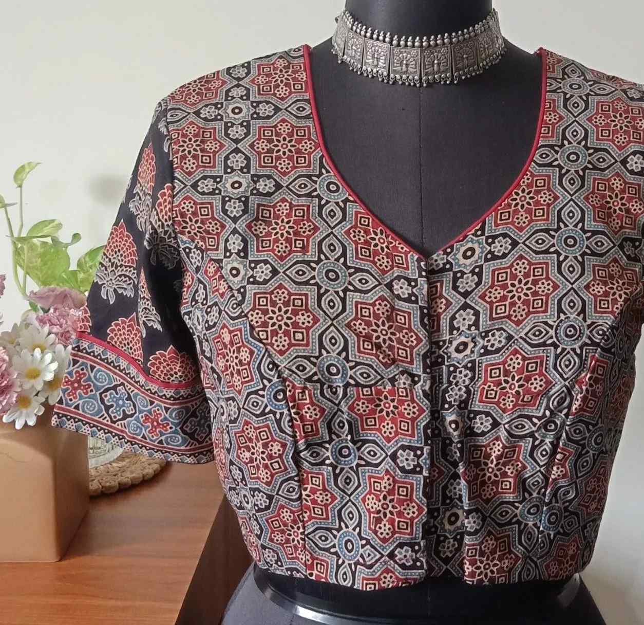 Black Ajrakh Mughal Print Cotton Blouse