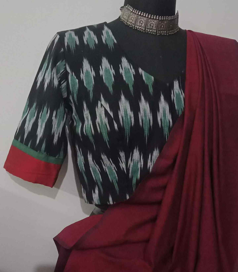 Black Double Ikat Readymade Blouse with Red Green Border | Godhuli