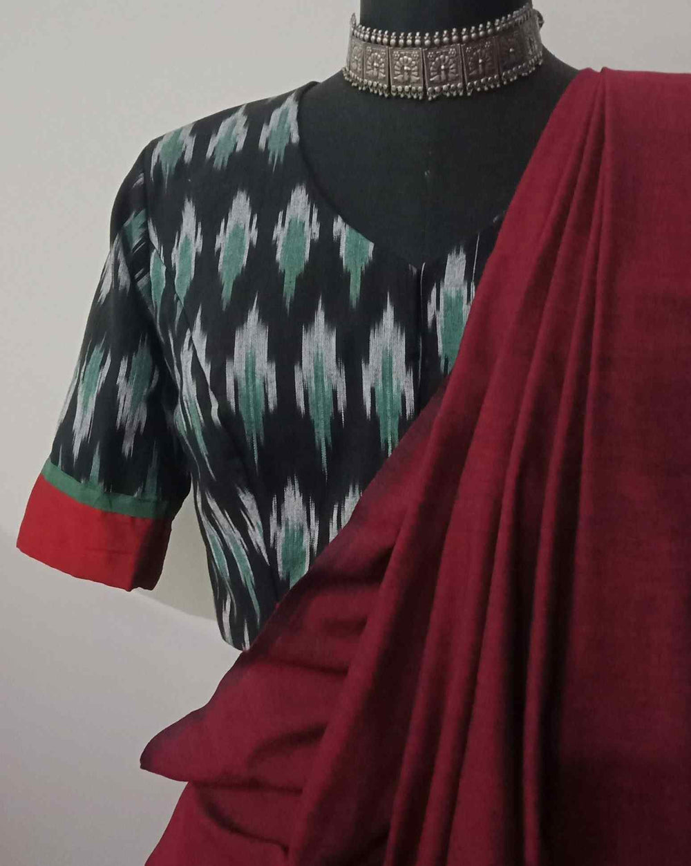 Black Double Ikat Readymade Blouse with Red Green Border | Godhuli