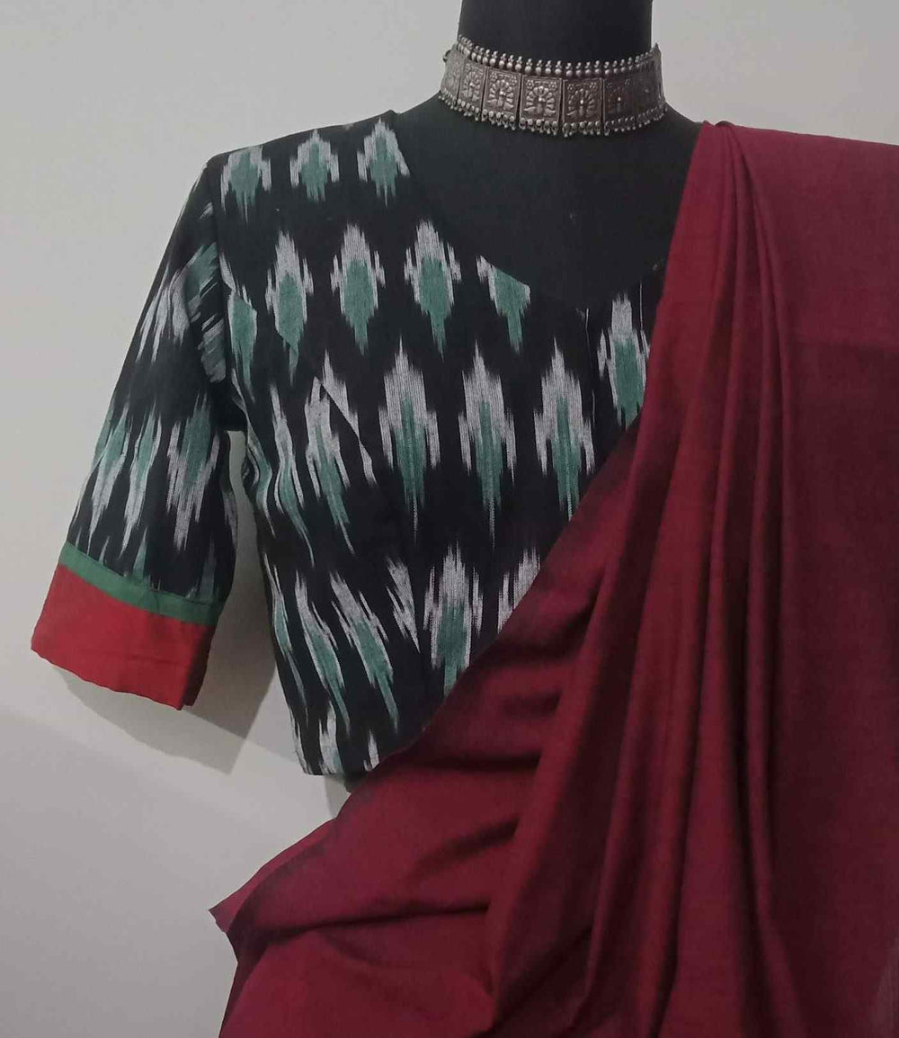 Black Double Ikat Readymade Blouse with Red Green Border | Godhuli