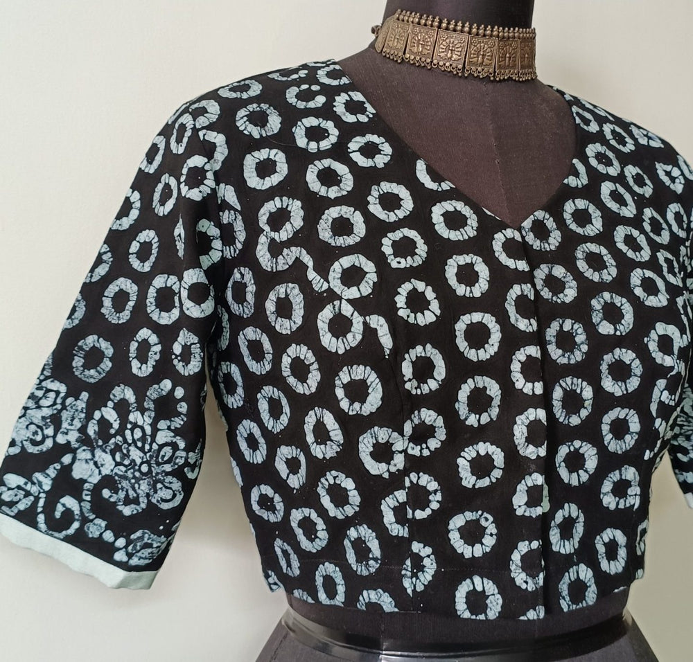 Black Batik Circle Print Readymade Blouse | Godhuli