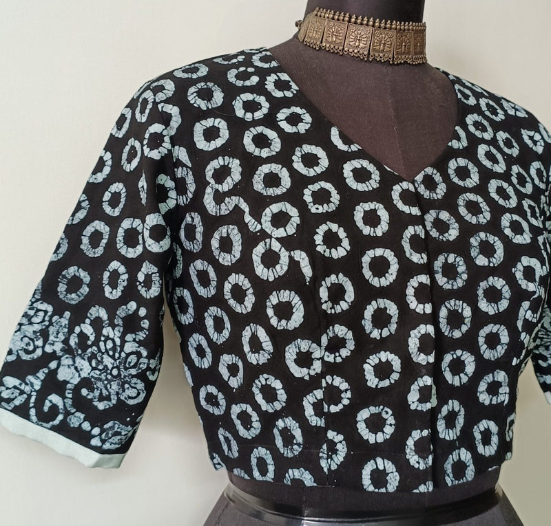 Black Batik Circle Print Readymade Blouse | Godhuli
