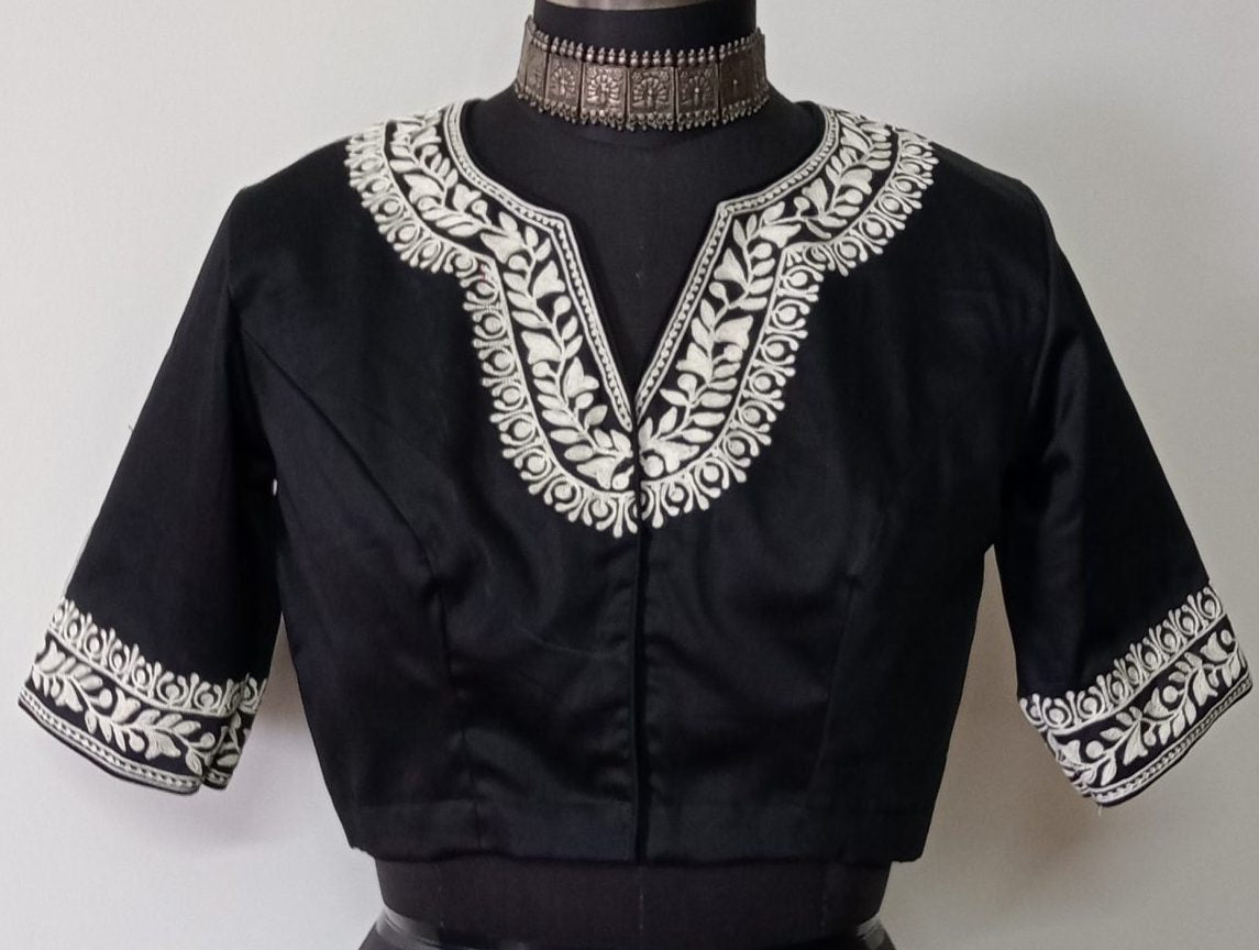 Black Blouse in off white Aari work Embroidery