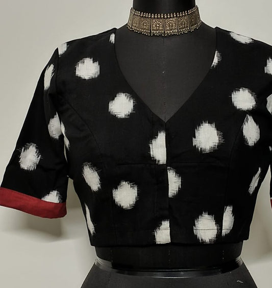 Black Double Ikat Blouse with Big Circle Motifs