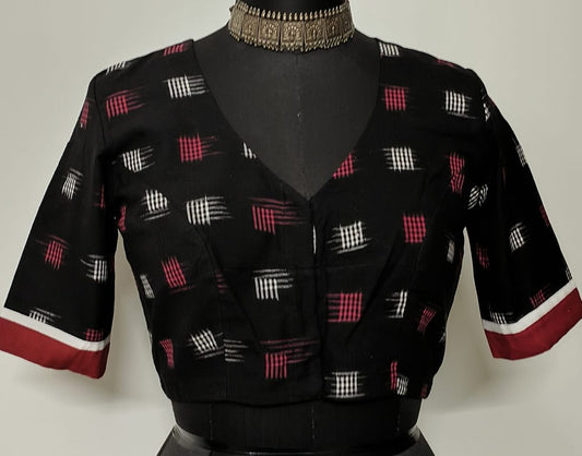 Black Double Ikat Blouse with White Red Motif