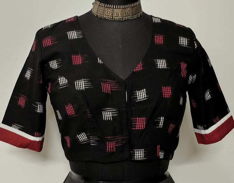 Black Double Ikat Readymade Blouse with White Red Motif | Godhuli