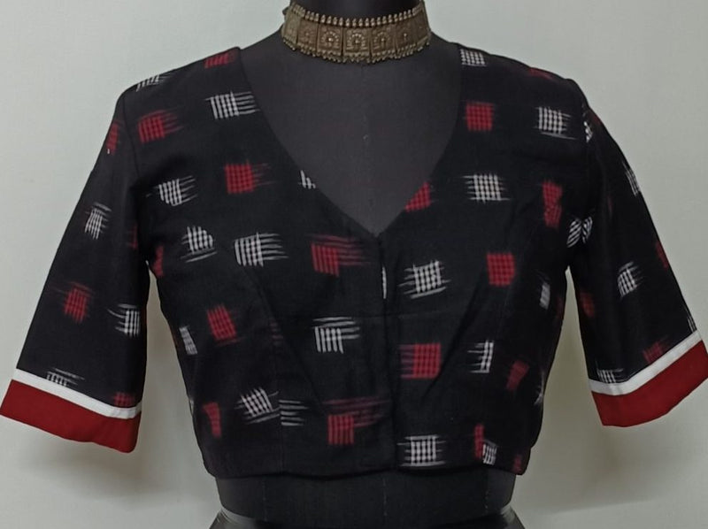 Black Double Ikat Readymade Blouse with White Red Motif | Godhuli