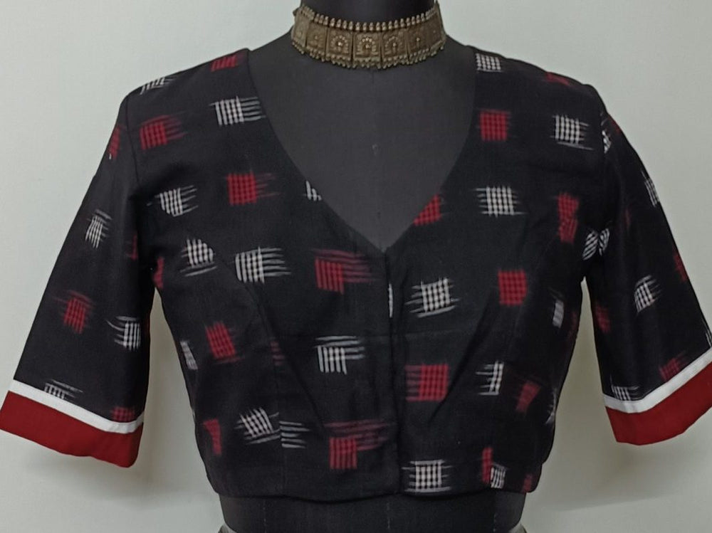 Black Double Ikat Readymade Blouse with White Red Motif | Godhuli