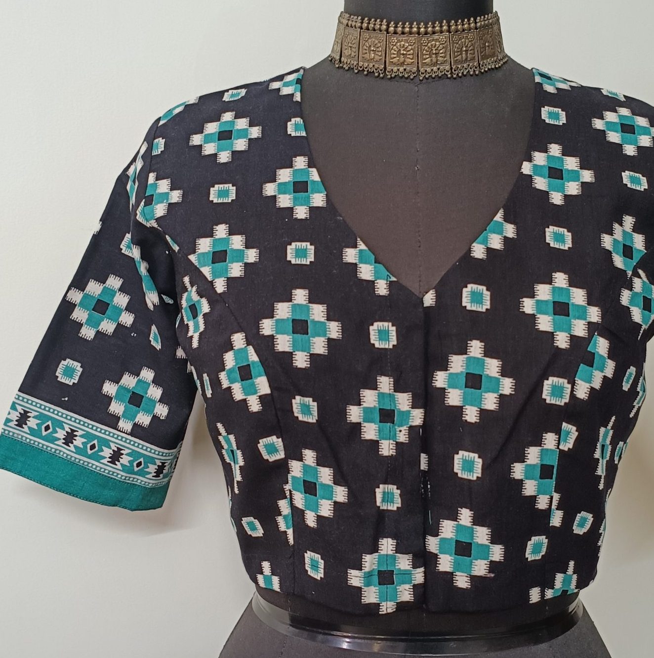 Black Sea Green Geometric Print Blouse