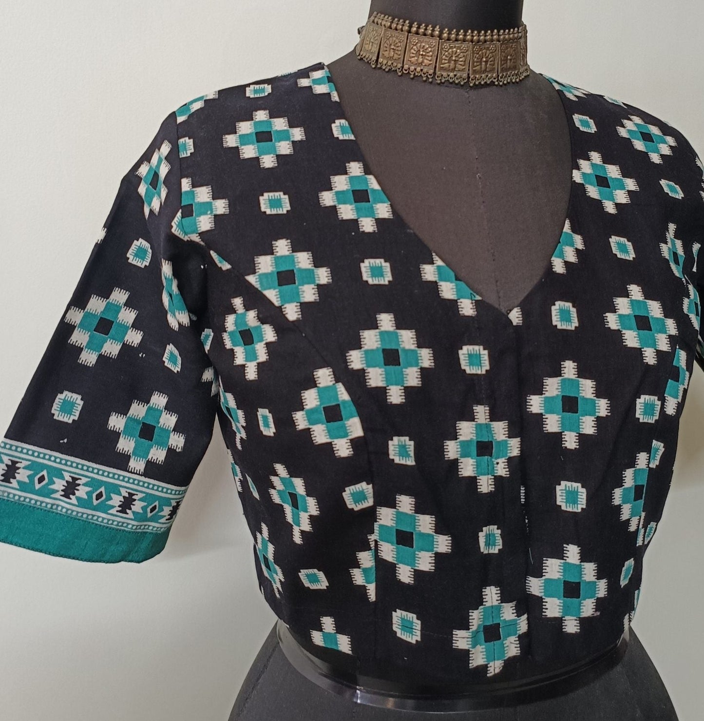Black Sea Green Geometric Print Blouse