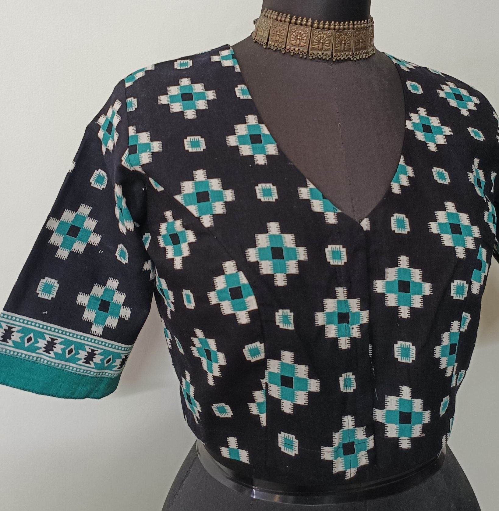 Black Sea Green Geometric Print Blouse
