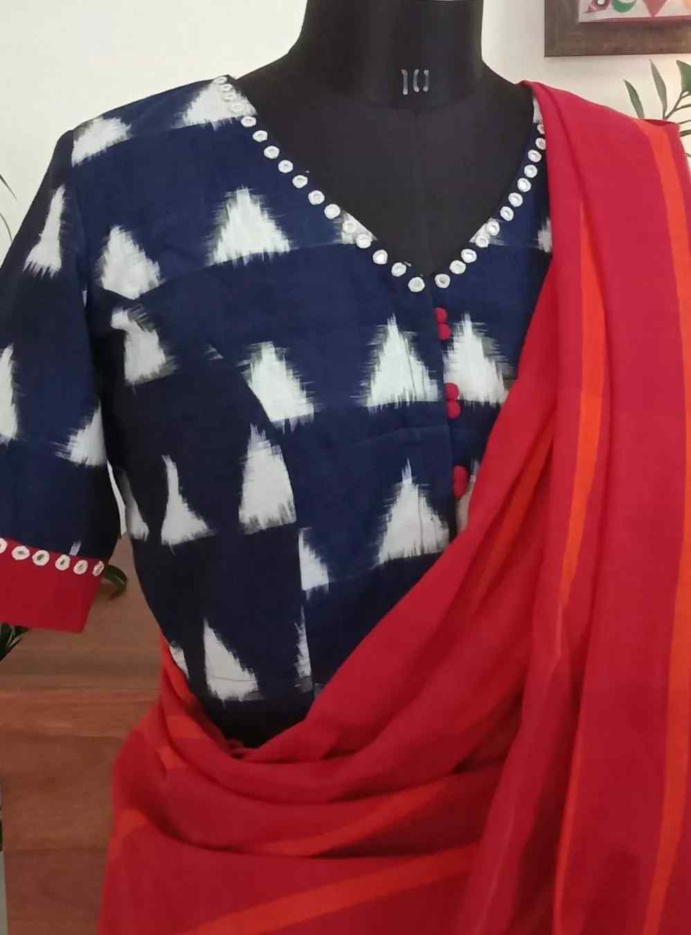 Blue Ikat Blouse with Red Border Sleeves