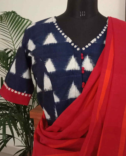 Blue Ikat Blouse with Red Border Sleeves