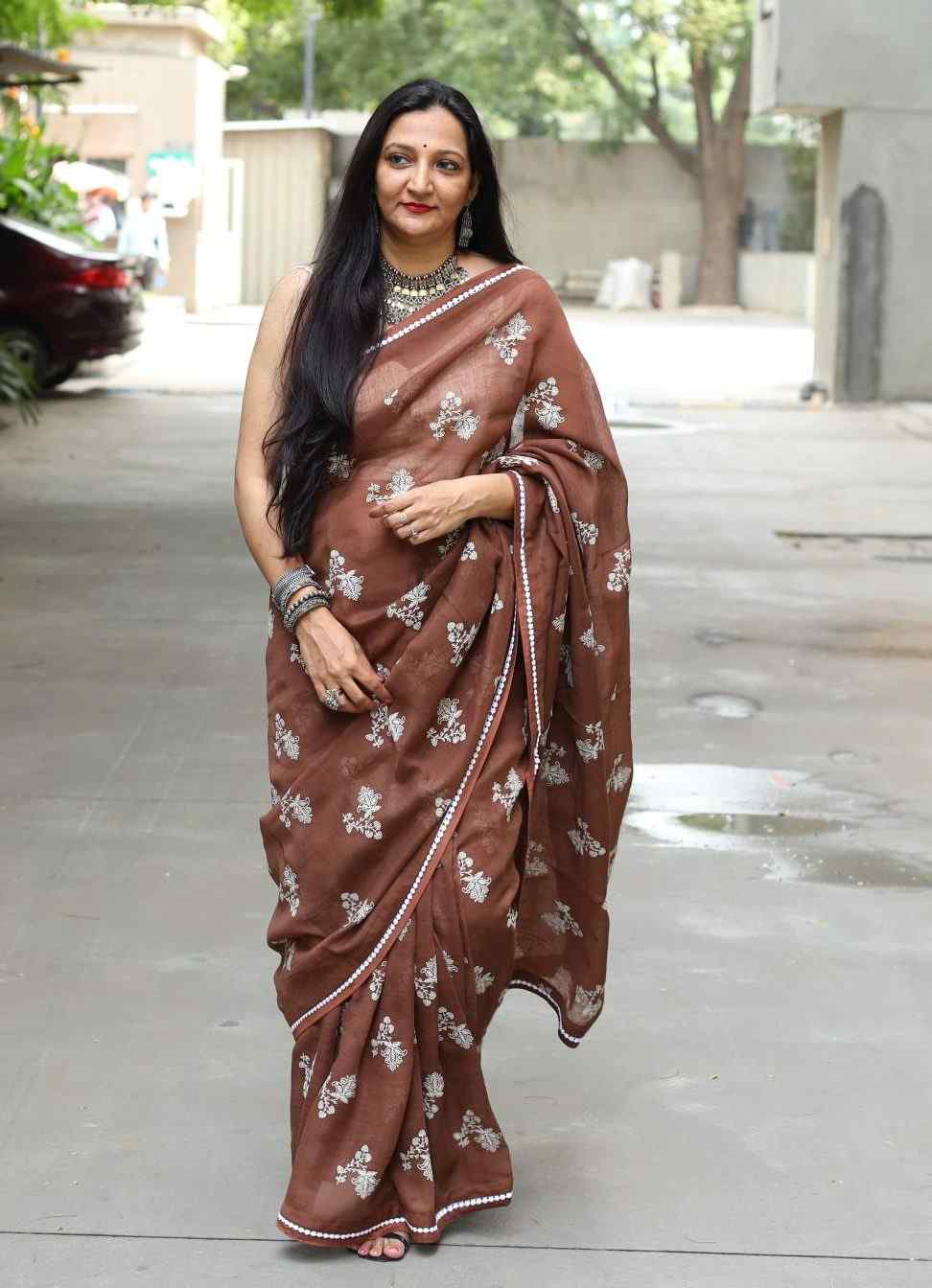 Caramel Brown Embroidered Linen Saree