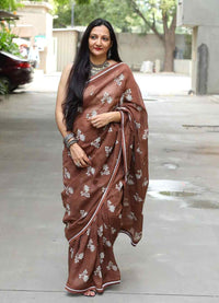Buy Caramel Brown Embroidered Linen Saree | Godhuli