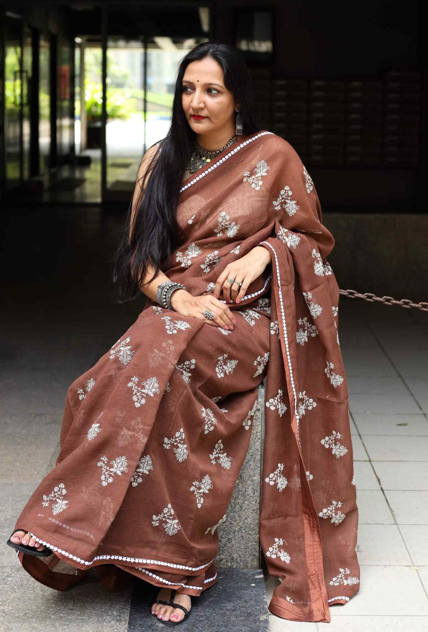 Caramel Brown Embroidered Linen Saree