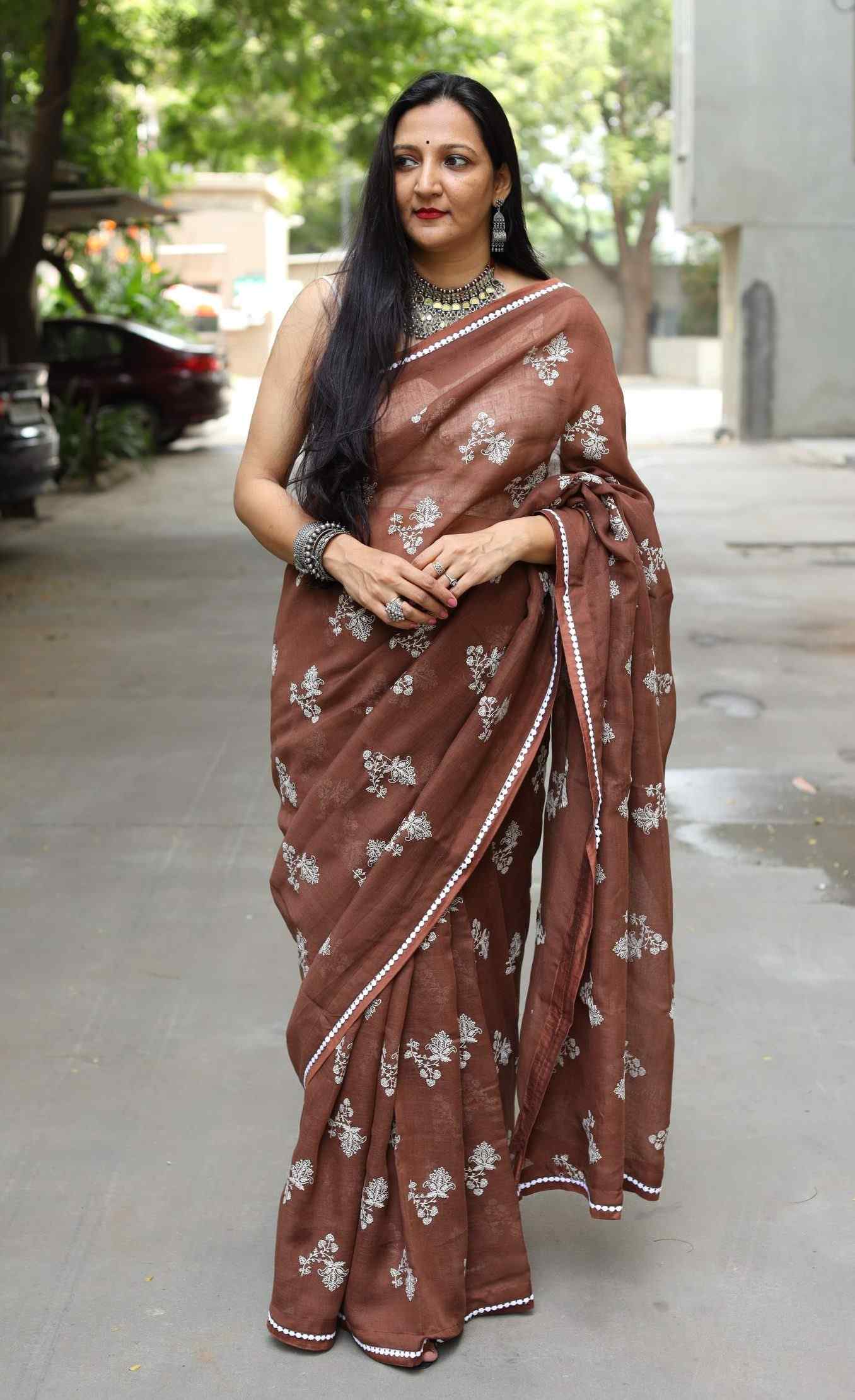 Caramel Brown Embroidered Linen Saree