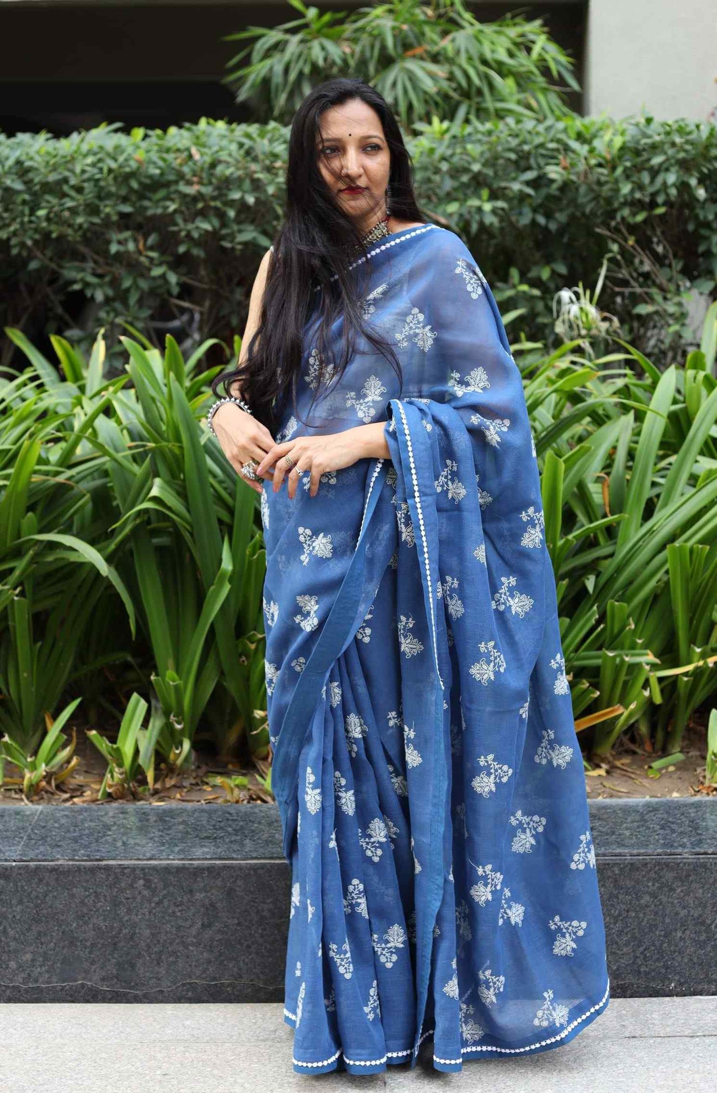 Cobalt Blue Embroidered Linen Saree