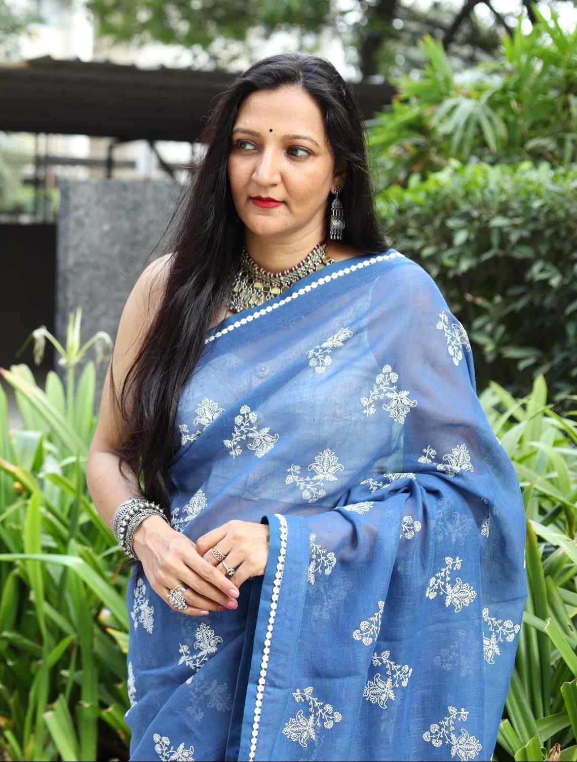 Cobalt Blue Embroidered Linen Saree